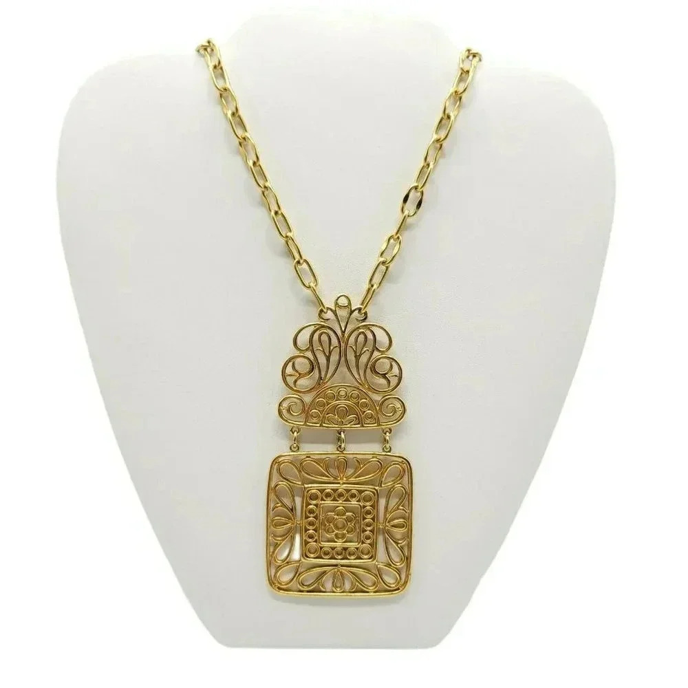 Mid Century Crown Trifari Large Openwork Medallion Gold Tone Pendant Necklace